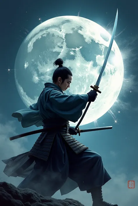 Create AI image of japanese samurai swordsman character splitting the moon