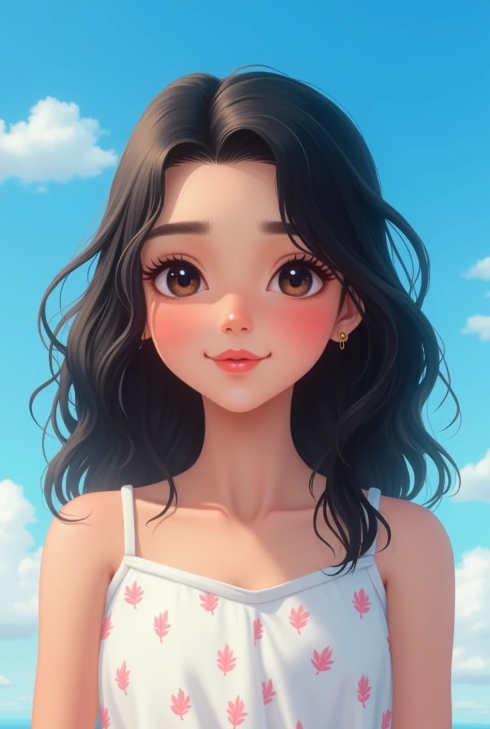 Beautiful girl taking a selfie with a stunning blue sky behind her, with the innocent features of an Arab girl, her soft white skin, black hair and a white dress covering a small, tight chest with small pink leaf patterns She has a dimple on her cheek.
