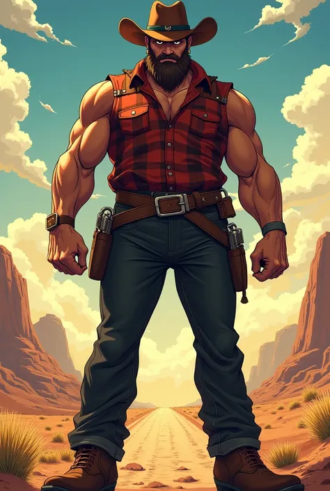 tall man, cowboy hat, green sleeveless plaid shirt, black jean, Texan boots, anime