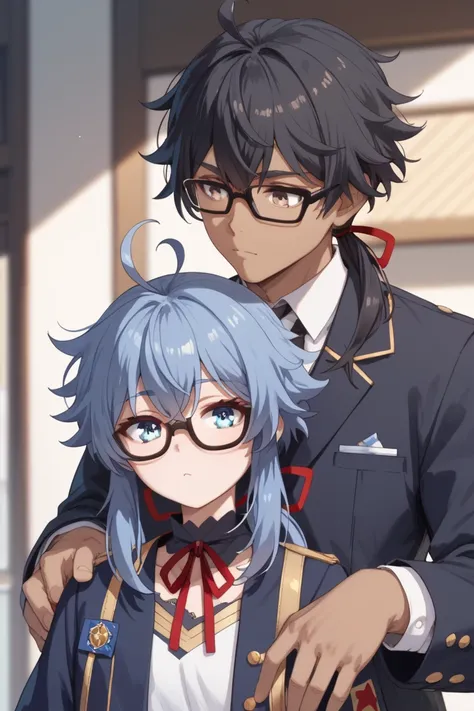 A boy,black hair,brown skin,blcak glasses,brown eyes and a girl,short hair with long locks, blue hair, ponytail, blue eyes, red ribbon, sidelocks, ahoge