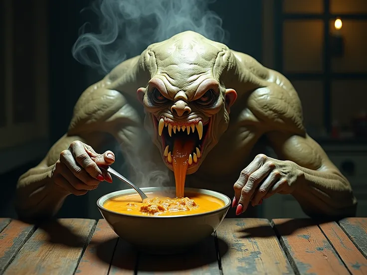 monster eating soup in a bowl