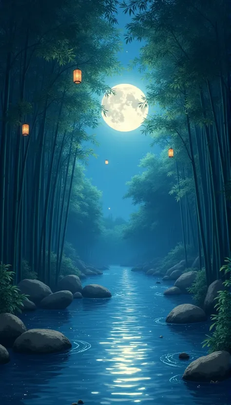 Draw a river in a bamboo forest，Moonlight shines through the bamboo forest at night, Round moon，Dancing fireflies，Scattered white lanterns，Anime background art, anime beautiful peace scene, beautiful anime scenery, Anime lush John 8K bamboo forest, mystica...