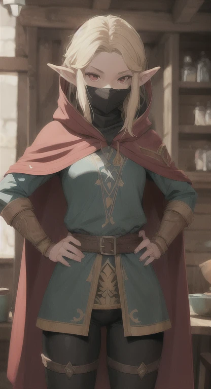 Ancient Hylian, Hylia, hooded cape, mask, covered mouth, blonde, red eyes, tavern, hands on hips pose,