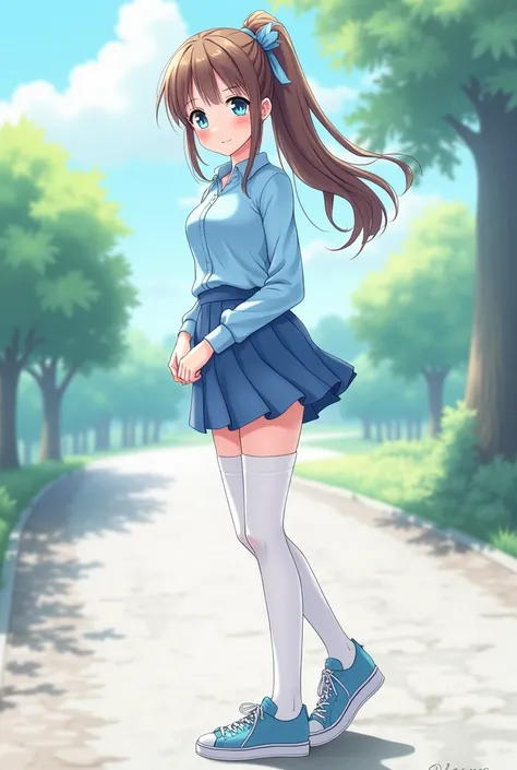 Beautiful  girl,  anime style, high,  small breasts ,  blue eyes ,  long brown hair ,  ribbon tied in the hair, long sleeve polo shirt light blue , blue mini skirt with folds ,  white tights that cover the calf, sky blue sneakers