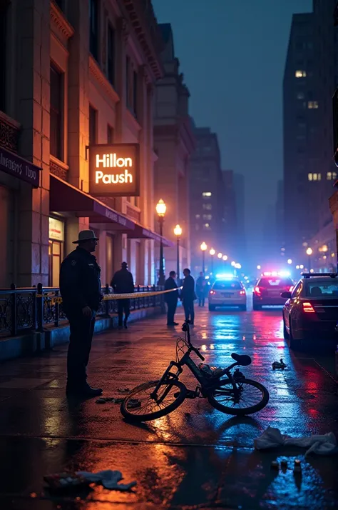 "An intense and dramatic crime scene set outside a luxury hotel in Manhattan at dawn. The setting features the grand facade of the Hilton Hotel with a subtle investors day banner. Police tape and evidence markers are visible, creating a sense of urgency. N...