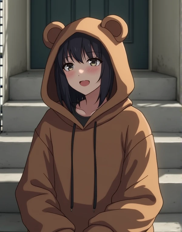 
1.	 the person wearing a hoodie with bear ears
Person wearing a brown hoodie with bear ears
The ears are attached to the hood part of the hoodie、 The overall design is simple 。The article is fufufufu
I cant see faces or expressions
The person in the bear ...