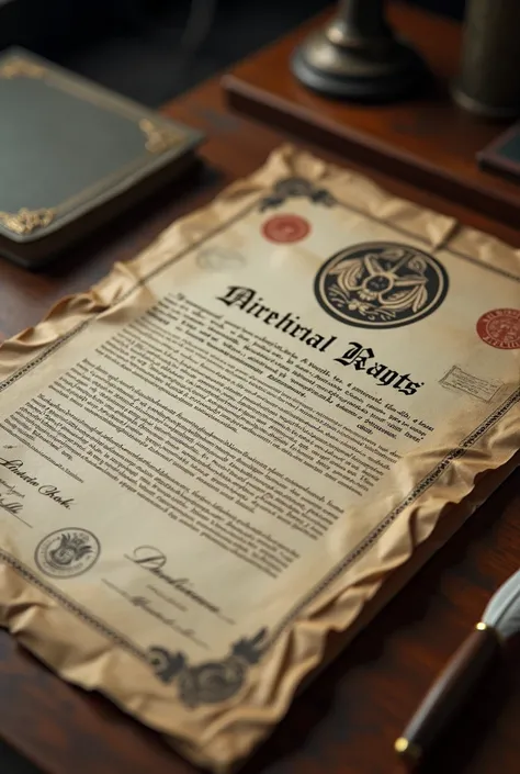 An old, detailed German document or law decree about animal rights, with official stamps and a 1930s aesthetic, resting on a wooden desk with a quill pen.