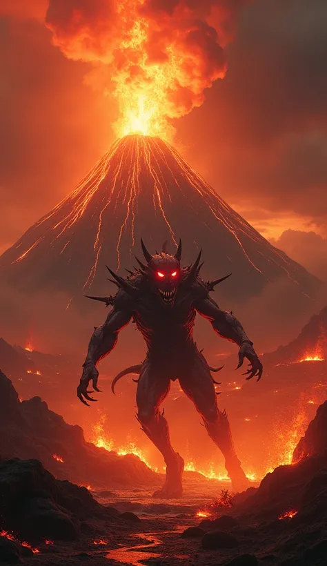 The red-eyed Indonesian monster Barong Rangda is rampaging and wreaking havoc in hell in front of a volcano that is erupting and lots of lava is coming out. 