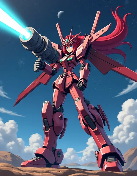 Masterpiece,Best quality, Japanese anime style, A cute combat robot girl, a female robot with a human-like appearance, heavy combat equipment, red hair, long hair, a dignified expression, carrying a huge wave-motion cannon, a huge wave-motion cannon fired ...