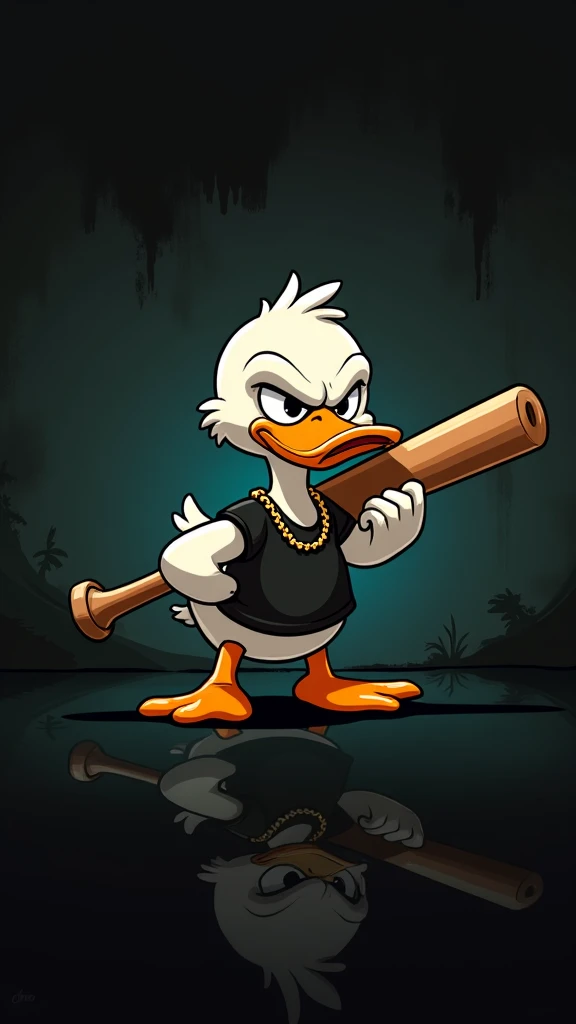 A cartoon duck, depicted in a stylized, almost comic book-esque manner, stands centrally in the image. The duck is white with orange beak and feet. It sports a dark, almost black, T-shirt and  is wearing a gold chain necklace.  Its expression is angry or m...