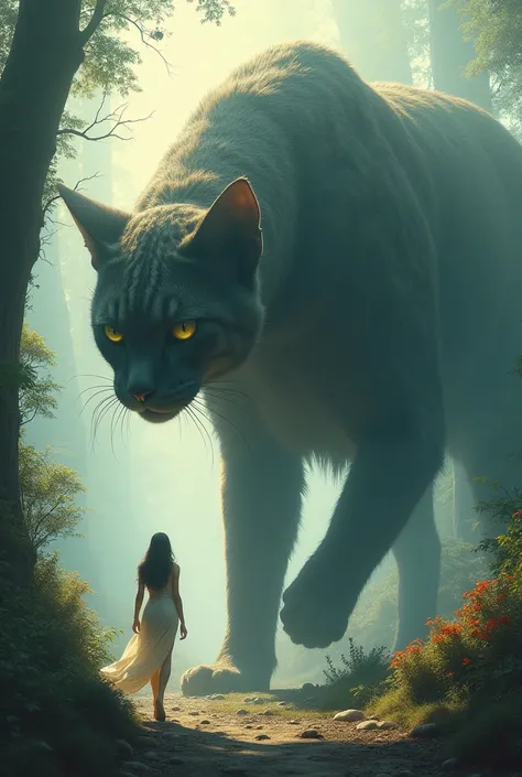 Woman walks with giant cat