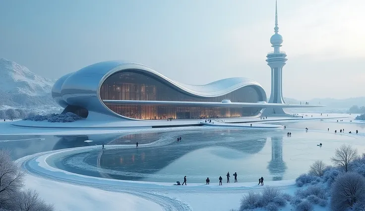  AMIDST ETERNAL ICE PARADISIACAL VIEWS OF THE TRANSPORT TERMINAL BUILDING,  OF STEEL AND GLASS , Crouching, ,  YOU CAN ONLY SEE THE DISTANT PLANETS , YOU CAN SEE THE ICE RINKS AROUND THE ULTRA-MODERNIST TERMINAL ,  landscape seen from above, aerial view,  ...