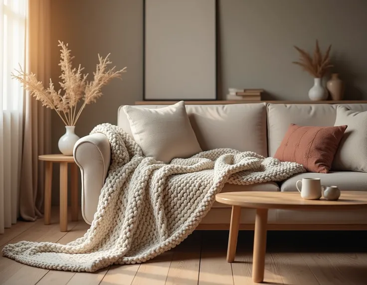 A thick, chunky knit throw blanket draped over the back of a cozy sofa. The living room is styled with earthy tones, soft lighting, a warm wooden coffee table, and a few decorative pillows.