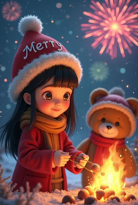 
 Make a fair-skinned girl with black hair ,  with embroidered Christmas hat and with a name on the hat that says Merry, Roasting chocolates in a bonfire , fireworks in the background. Next to the girl a teddy teddy bear with scarf and hat 
