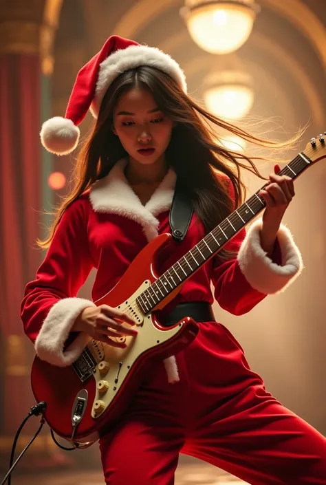 A very pretty Korean girl wearing a Santa suit and playing electric guitar at the wedding hall performs on the electric guitar peak