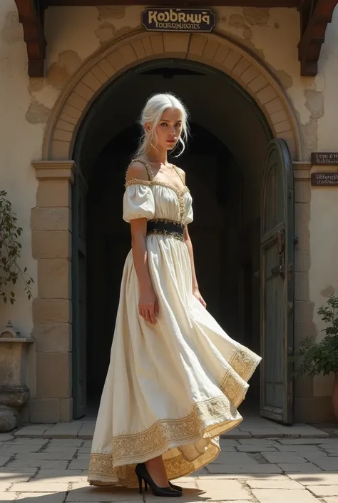 Joanna, 20 years, light skin,  white hair,  striking honey-colored eyes ,steep nose, Big mouth and striking face in front of a façade of a medieval warehouse with a sign written HALE WAREHOUSE, wearing a white medieval dress with gold and a black heel,  wi...