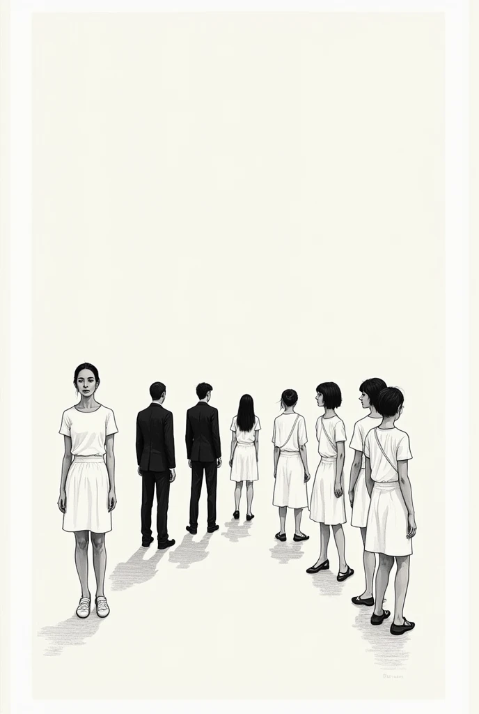 Black and white image, monotonous, Square frame ,  Woman in black pants,  Man in black pants ,  Woman in white pants ,  Women in white skirts , musical poster, sketch, harsh