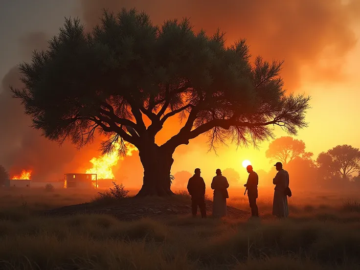 Palestine villagers standing in the front of olive tree discussing with each others. And got a huge fire and house that destroyed behind the tree