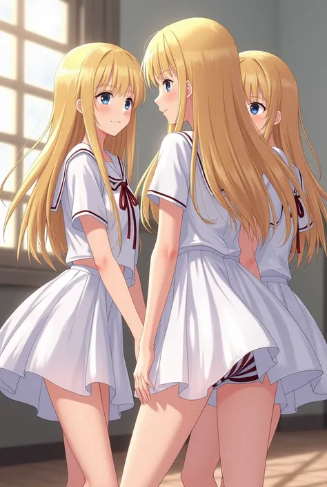 ren 
schoolchildren 
girls 
Blonde women have hair up to the waist 
The underpants are visible 
Wearing a white transparent dress skirt 
Panties are striped