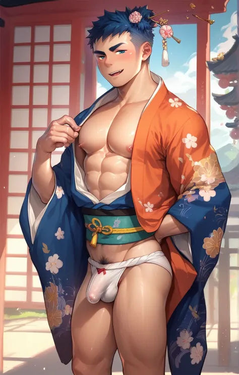 Young Japanese man in kimono showing his underwear 