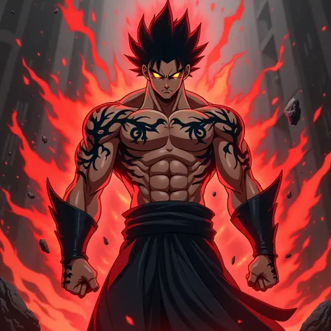 Create an athletic character ,  with black markings on his body and a crimson aura with black, that it is anime type