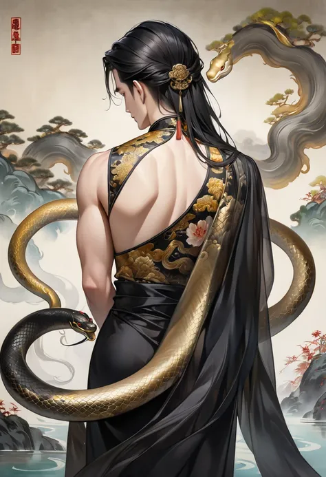 Handsome guy wearing a very long black hair Hongte dress, realistic portrait, standing facing away, showing off his back, naked, wearing a vintage Chinese dress 2. 5d antique Chinese dress, beautiful black eyes, bright water color, background is very large...