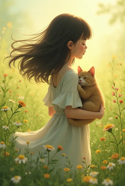 Girl with hair shaking as much as her shoulders, straight hair is holding a cat in the middle of the meadow, turning her back