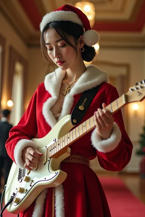 Wearing a Santa suit and wedding dress, playing electric guitar at the wedding hall, a very pretty Korean girl plays an electric guitar peak, holding a guitar pickle in her hand so that it can be seen from afar,  