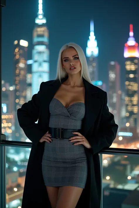 Portrait of a confident young woman with white hair posing stylishly on an urban balcony at night, with a backdrop of modern skyscrapers illuminated by city lights. She stands with one hand on her hip and the other adjusting her open black overcoat, reveal...