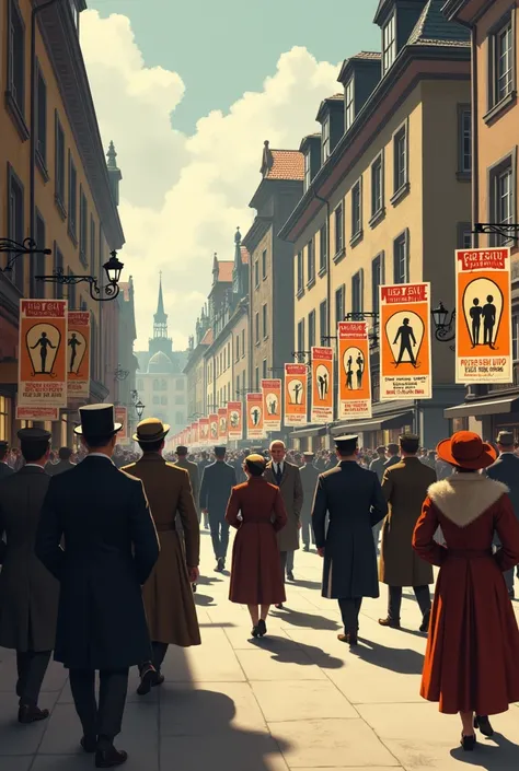 A street scene in Germany during the 1930s with posters advocating health campaigns, people reading them, and traditional German architecture in the background.