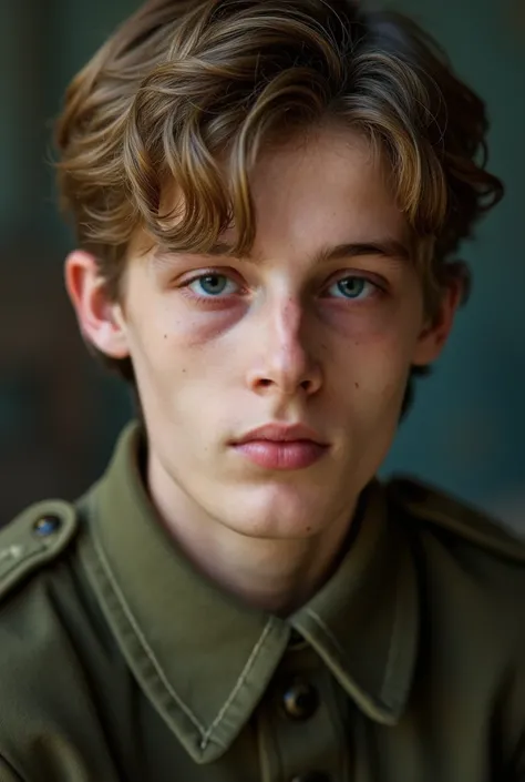 blonde german boy, (17), with blue eyes, freckles. Handsome, ultra realistic, in green german uniform, ww1., young, light brown messy medium long hair, blue eyes, with mouth slightly open, portrait