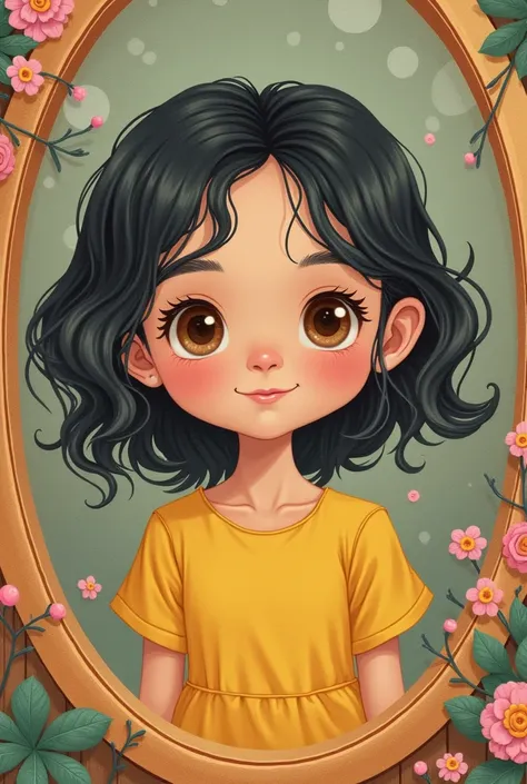 Disney-style poster of a girl with white brown eyes with black hair small eyes in a yellow dress is looking in the mirror and in the reflection she is dressed as a doctor 