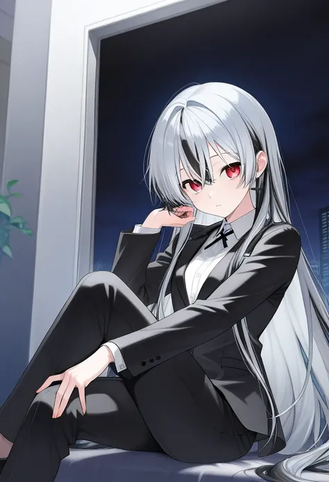   1 girl、   beautiful eyes ((red))、 Multicolored Hair(( length、 Half silver hair  、 Half black hair))、 black suit、 sit cross-legged、A room with a dark atmosphere