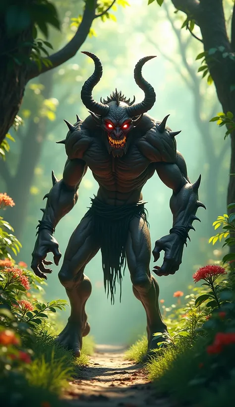  A terrifying demon with a monstrous appearance stands in the middle of a lush, vibrant jungle during the daytime. The demon has dark, cracked skin, glowing red eyes, sharp fangs, and large twisted horns. He stands tall with an imposing and menacing postur...