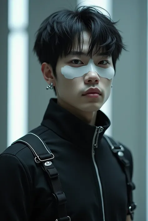 Asian man, white lashes, white eyes, white eyebrows, white hair. Black techwear. Short hair. Earrings