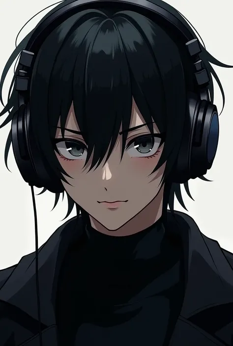 anime black hair guy, black eyes,headphones,arrogant look,not smiling,