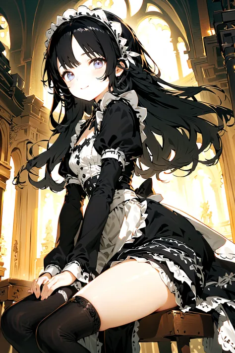 Masterpiece, high quality, high resolution, 16K, illustration by Makoto Shinkai, detailed background depiction, petite girl, black hair, long hair, gothic lolita, maid outfit, white skin, long eyelashes, beautiful eyes, beautiful legs, over knee high, bend...