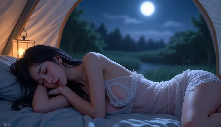 (fan art) Beautiful Korean woman with long black hair, Big Breasts, Wearing a thin white nightgown, cleavage, Aunt See-Through is sleeping on a tent. dim light from tent lamp, Slightly open tent, night view, moonlight outside