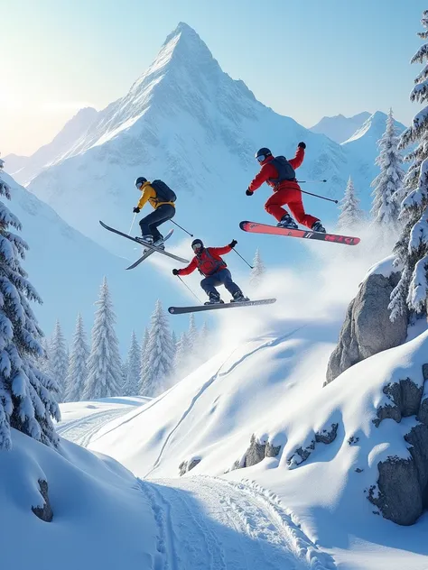 a winter ski resort, skiers jumping over a snow avalanche, beautiful detailed snow-covered mountains, dynamic action pose, extreme sports, snowy landscape, dramatic lighting, cinematic composition, vibrant colors, detailed textures, photorealistic, (best q...