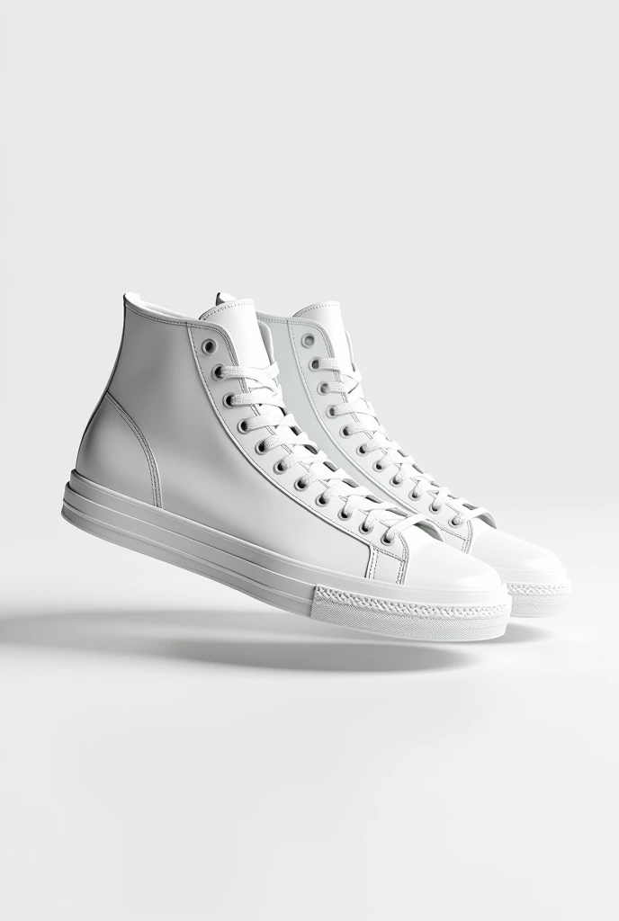 A 3D mock-up of sporty style white High Top basket air model type shoes in matte finish, displayed attractively floating on a clean, solid white isolated background. The sneakers feature detailed stitching, textured soles, and subtle lace contours, emphasi...