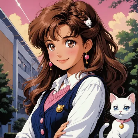 1girl, Brown Hair, Bangs, Curtained Hair, Braid, Smile, Sparkling Eyes, Byoukidere, White Cat Hairclip, 80s Anime, White Button Up, Pink Sweater Vest, Navy Blue Skirt, Small Breasts, School Background, Hip Shot