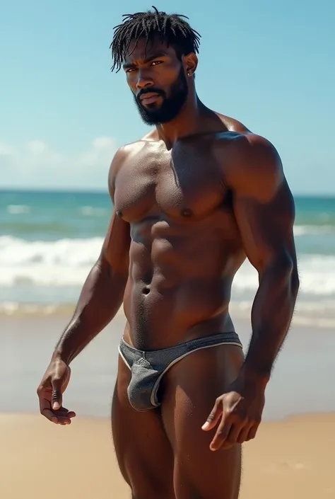 (photorealism:1.2) nsfw handsome black hairy man is fullnaked in the beach, handsome face, wet hair, have big penis with little cumming