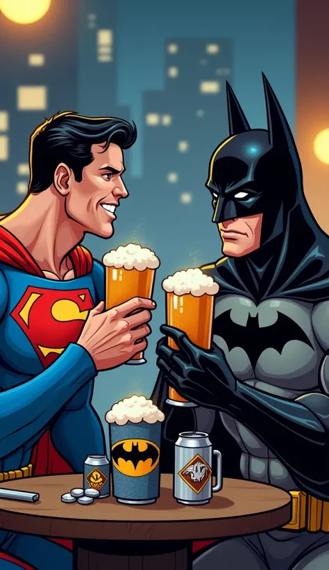 make a picture of superman drinking beer with batman in comic style so funny 