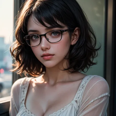 Masterpiece, Annika, a cute nerdy 30 year old woman, glasses, messy hair, ultra short dark hair, square jawline, awkward, legs, ultra-short light sundress, HD, (detailed skin texture:1.1), best quality, ultra high res, (photorealistic: 1.4), Raw photo, by ...