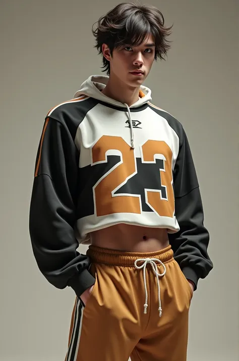 A man wearing a white, black, and brown long sleeve cropped sports jersey with bold numbers on the front, light brown sweatpants with white socks on with shaggy haircut.