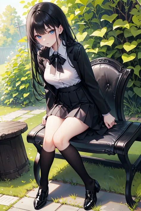  Long straight black hair , School,    blue eyes ， Black Leather Shoes ，  black pleated skirt  ,   black stockings  ,  Black Leather Shoes ,   sit in a chair ，HEALTHY SKIN , Outdoor scenery, Green leaves and blue sky, Bright natural light    ,    The sun s...