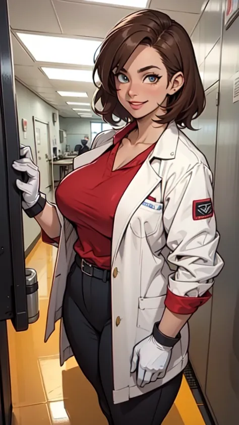 best quality, glossy, 4k, ((artwork)), extremely detailed, 8k, mature woman, milf, short brown hair, doctors jacket, surgical gloves, no background, large breasts, full lips, smile, standing, beautiful eyes
