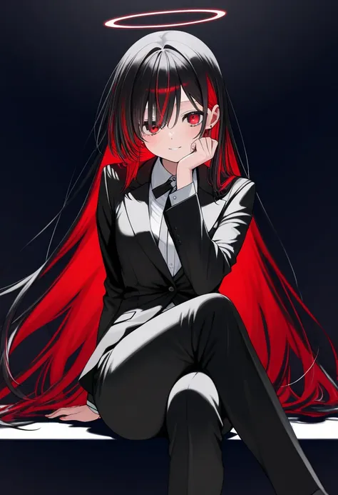   1 girl、   beautiful eyes ((red))、 Multicolored Hair(( length、 Half red hair  、 Half black hair))、 black suit、 sit cross-legged、Black Room 