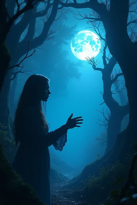 A curious and strange forest , With a blue glow and a womans hand with shadows and the beautiful moon in the sky