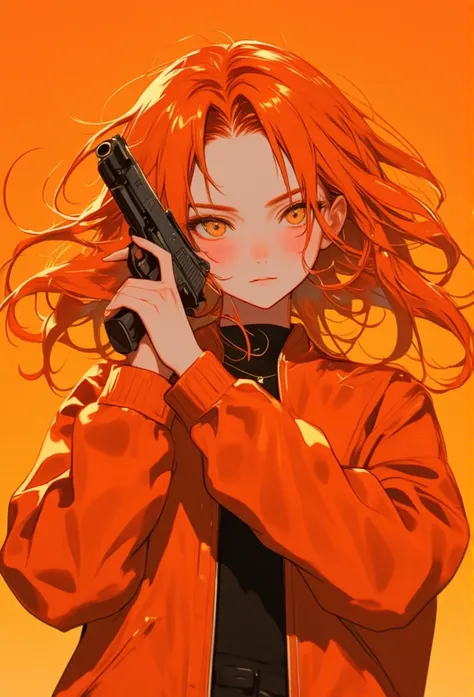 brave girl holding gun , orange jacket , orange hair , beauty , elegant , orange background